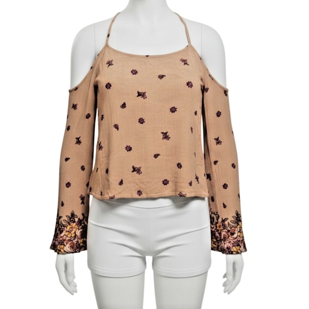 Chloe & Katie Women XS Blush Floral Crop Top Cold Shoulder Long Bell Sleeve Boho